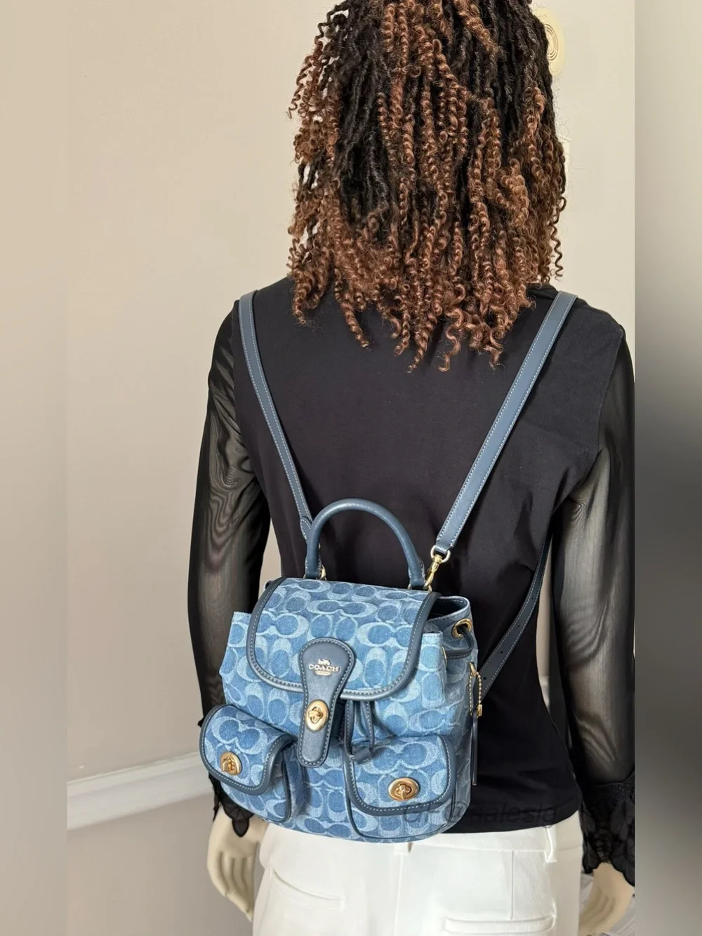 NWT Coach Hadley Backpack Signature Denim Blue Leather Gold Turnlock CDB95